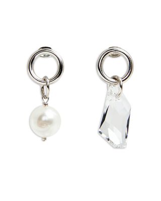 Justine Clenquet - Laura Crystal & Imitation Pearl Mismatch Drop Earrings in Palladium Tone