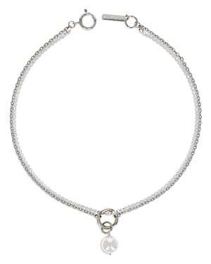 JUSTINE CLENQUET ROMY CRYSTAL CHAIN IMITATION PEARL PENDANT CHOKER NECKLACE IN PALLADIUM TONE, 14.96
