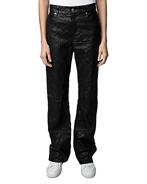 Shop Zadig & Voltaire Evy Crinkled Leather Flared Pants In Noir