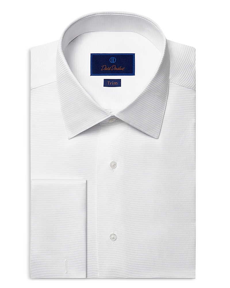 David Donahue Trim Fit Horizontal Rib French Cuff Formal Shirt In White