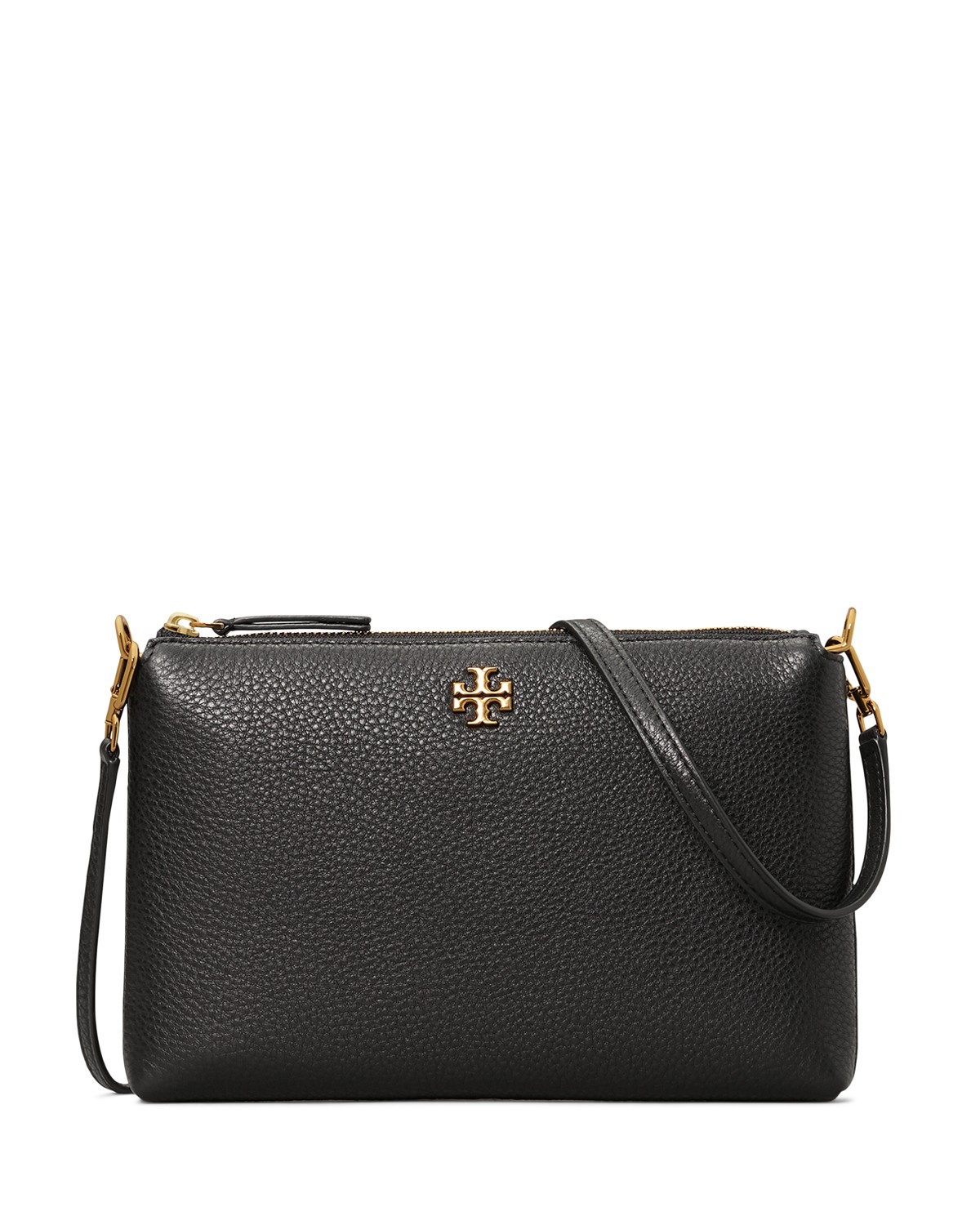 Tory Burch Kira Small Pebbled Leather Top-Zip Crossbody in Black/Gold