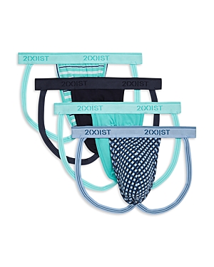 2(x)ist Men's 4-pack Jock Straps In Printed Stripe/navy Blazer/turquoise/geo X Print