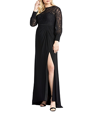 Mac Duggal Plus Size Lace Bodice & Jersey Long-sleeve Wrap Gown W/ Slit In Black