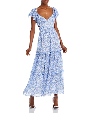 Aqua Flutter Sleeve Tiered Maxi Dress - 100% Exclusive In Blue/white