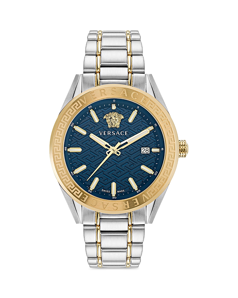 Versace Men's V-code Greca Two-tone Bracelet Watch, 42mm In Blue/silver