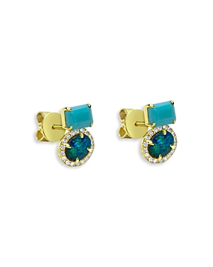 14K Yellow Gold Turquoise, Opal, & Diamond Stud Earrings
