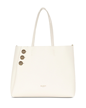 Shop Balmain Embleme Large Leather Shopping Tote With Removable Pouch In Cream