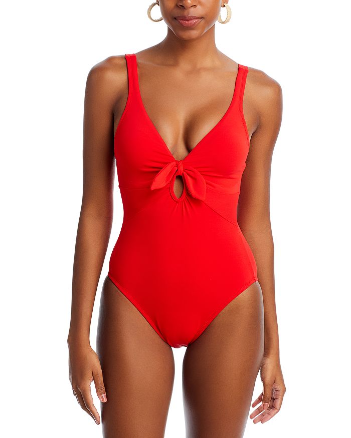Robin Piccone Plunge Neck Tie-Front One Piece Swimsuit | Bloomingdale's