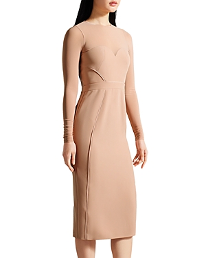 Ted Baker Ivylou Sheer Sleeve Bodycon Midi Dress In Nude