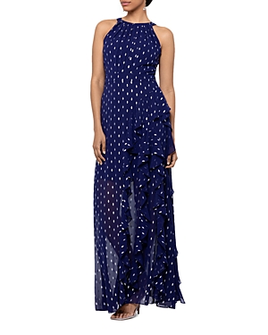 AQUA METALLIC CRESCENT CHIFFON RUFFLE GOWN - EXCLUSIVE