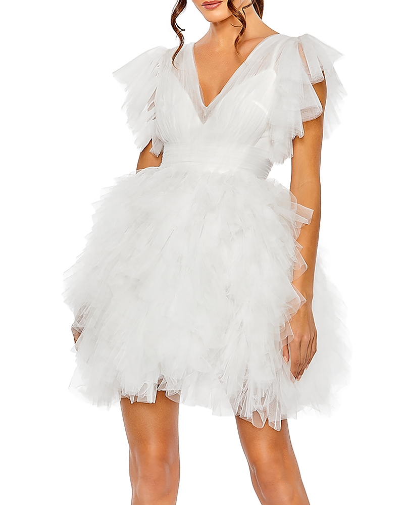 Mac Duggal Womens Ruffled Tulle Cocktail And Party Dress In White