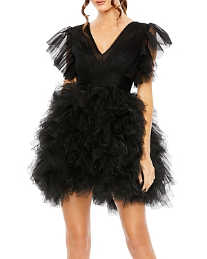 Mac Duggal Flutter Ruffle Sleeve Tiered Dress In Black