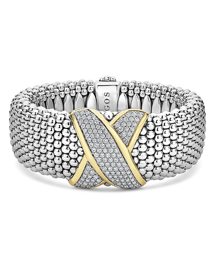 LAGOS - 18K Yellow Gold & Sterling Silver Embrace Diamond Pav&eacute; Wide Link Bracelet