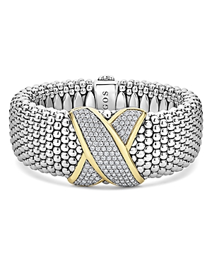 Lagos 18K Yellow Gold & Sterling Silver Embrace Diamond Pave Wide Link Bracelet