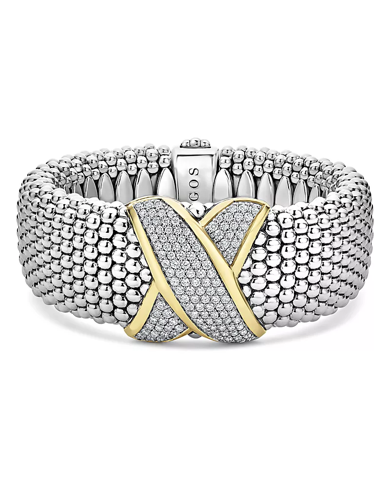 Lagos 18K Yellow Gold & Sterling Silver Embrace Diamond Pave Wide Link Bracelet