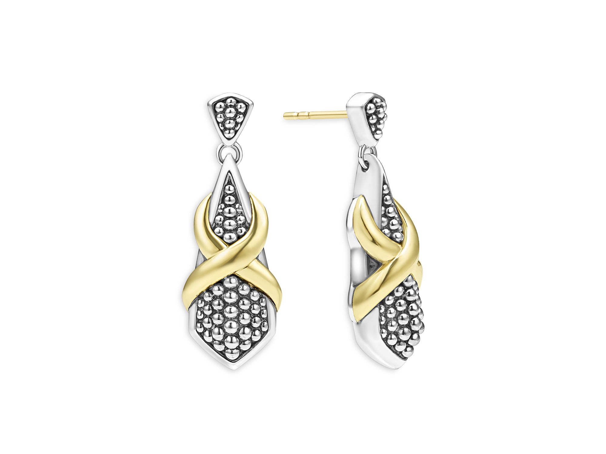 18K Yellow Gold & Sterling Silver Embrace X Caviar Bead Drop Earrings — Image 4