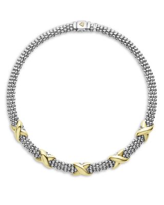 18K Yellow Gold & Sterling Silver Embrace Five Station X Caviar Collar Necklace, 16"