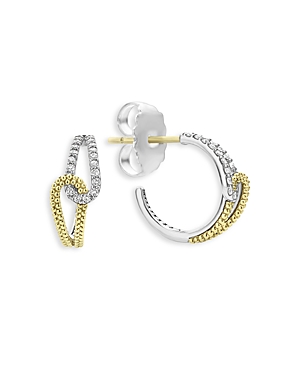 Lagos 18K Yellow Gold & Sterling Silver Caviar Lux-Clip Diamond Loop Huggie Hoop Earrings - 100% Exc