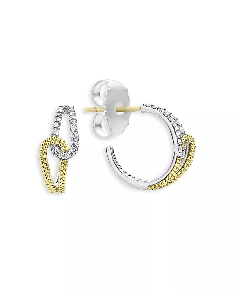 Lagos 18K Yellow Gold & Sterling Silver Caviar Lux-Clip Diamond Loop Huggie Hoop Earrings - Exclusive
