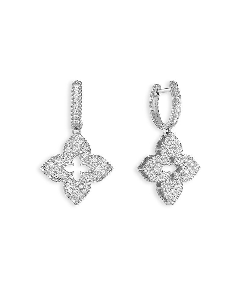 Roberto Coin 18k White Gold Venetian Princess Flower Dangle Hoop Earrings In White
