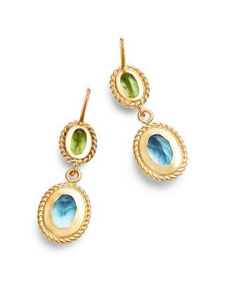 Peridot & Blue Topaz Double Drop Earrings in 14K Yellow Gold