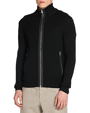 Shop Moncler Zip Front Jacket With Leather Trim In Black