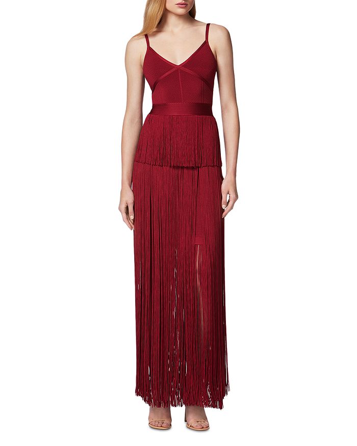 Herve Leger Strappy Ottoman Fringe Gown In Wine