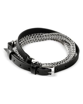 Sterling Silver Classic Chain Leather Strap Wrap Bracelet
