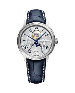 Shop Raymond Weil Maestro Moon Phase Automatic Leather Skeleton Watch, 39.5mm In Silver/blue