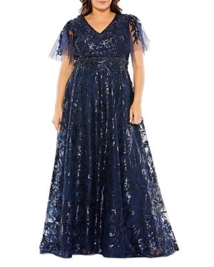 Mac Duggal Sequin Flutter Sleeve Evening Gown In Midnight