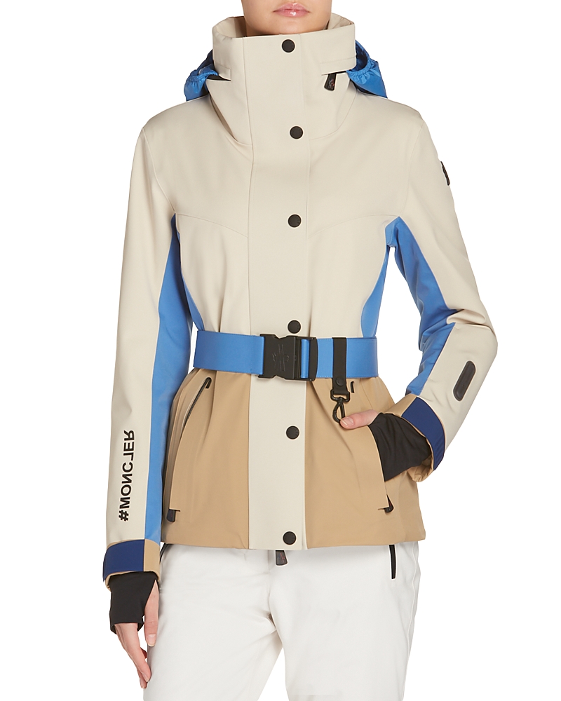 Moncler Hainet Belted Colorblock Snow Jacket In Beige