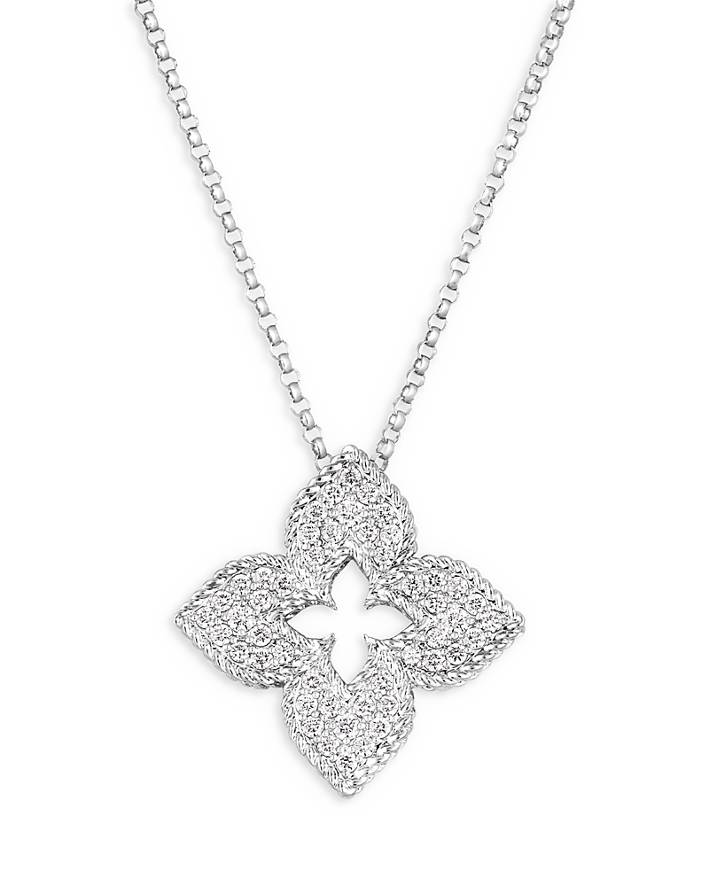 Roberto Coin 18K White Gold Venetian Princess Diamond Flower Pendant Necklace, 17