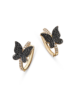 Bloomingdale's Black & White Diamond Butterfly Hoop Earrings In 14k Yellow Gold, 0.32 Ct. T.w. In Black/gold