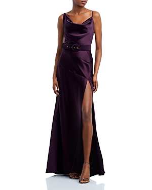 Aqua Belted Cowl Neck Gown In Aubergine