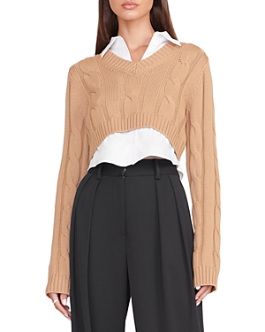 Shop Staud Duke Layered Look Cropped Sweater In Camel/white