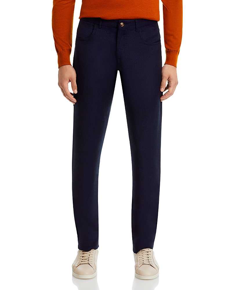 Canali Wool Flannel Regular Fit 5-pocket Pants In Navy