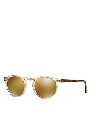 Shop Oliver Peoples Gregory Peck Round Sunglasses, 50mm In Beige/brown Mirrored Gradient