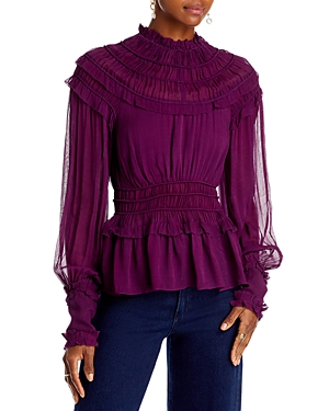 Farm Rio Ruffle Smocked Blouse In Burgundy