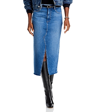 Shop Paige Meadow Raw Hem Denim Midi Skirt - 100% Exclusive In Stefania Distressed
