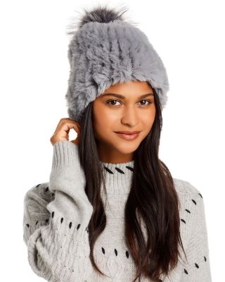 Surell Faux Fur Stretch Knit Beanie In Dark Gray/silver
