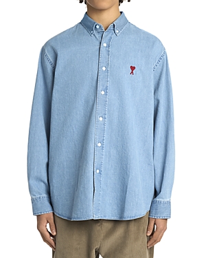 Shop Ami Alexandre Mattiussi De Coeur Denim Button Down Shirt In Used Blue