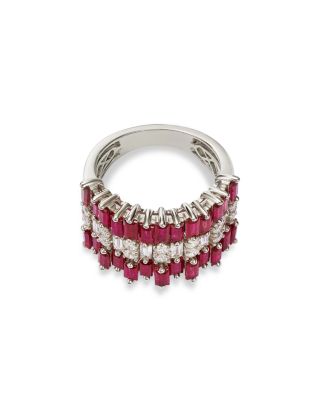 Ruby & Diamond Triple Row Ring in 14K White Gold