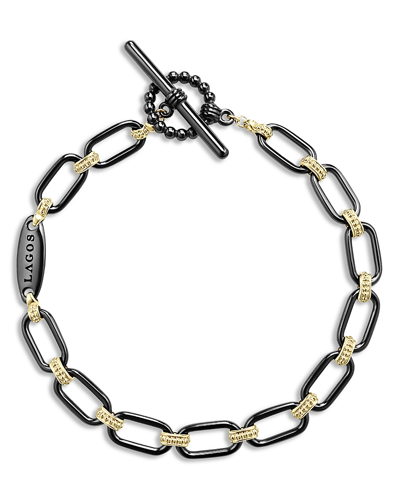 Lagos Signature Caviar Ceramic Link Bracelet In Black/gold