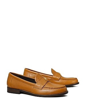 Tory Burch Almond Toe Leather Loafers With Scalloped Trim In Coconut Sugar
