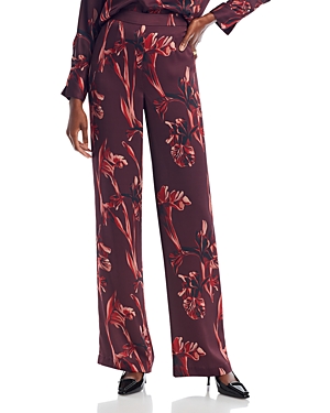 Misook Floral-print Straight-leg Crepe De Chine Pants In Mahohany/multi