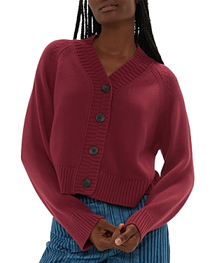 Shop Whistles Cotton Ribbed Trim Cardigan In Burgundy