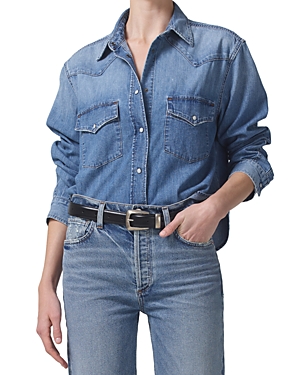 Shop Citizens Of Humanity Cotton Cropped Western Shirt In Carolina Blue