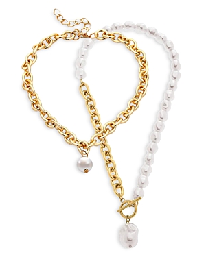 Aqua Imitation Pearl Pendant Necklace In 14k Gold Plated, Set Of 2 - 100% Exclusive In White/gold