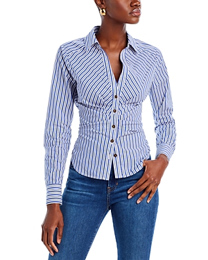 Shop Veronica Beard Joelle Ruched Cotton Shirt In Classic Blue/off White
