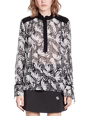 The Kooples Messy Butterfly Blouse In Black/ White